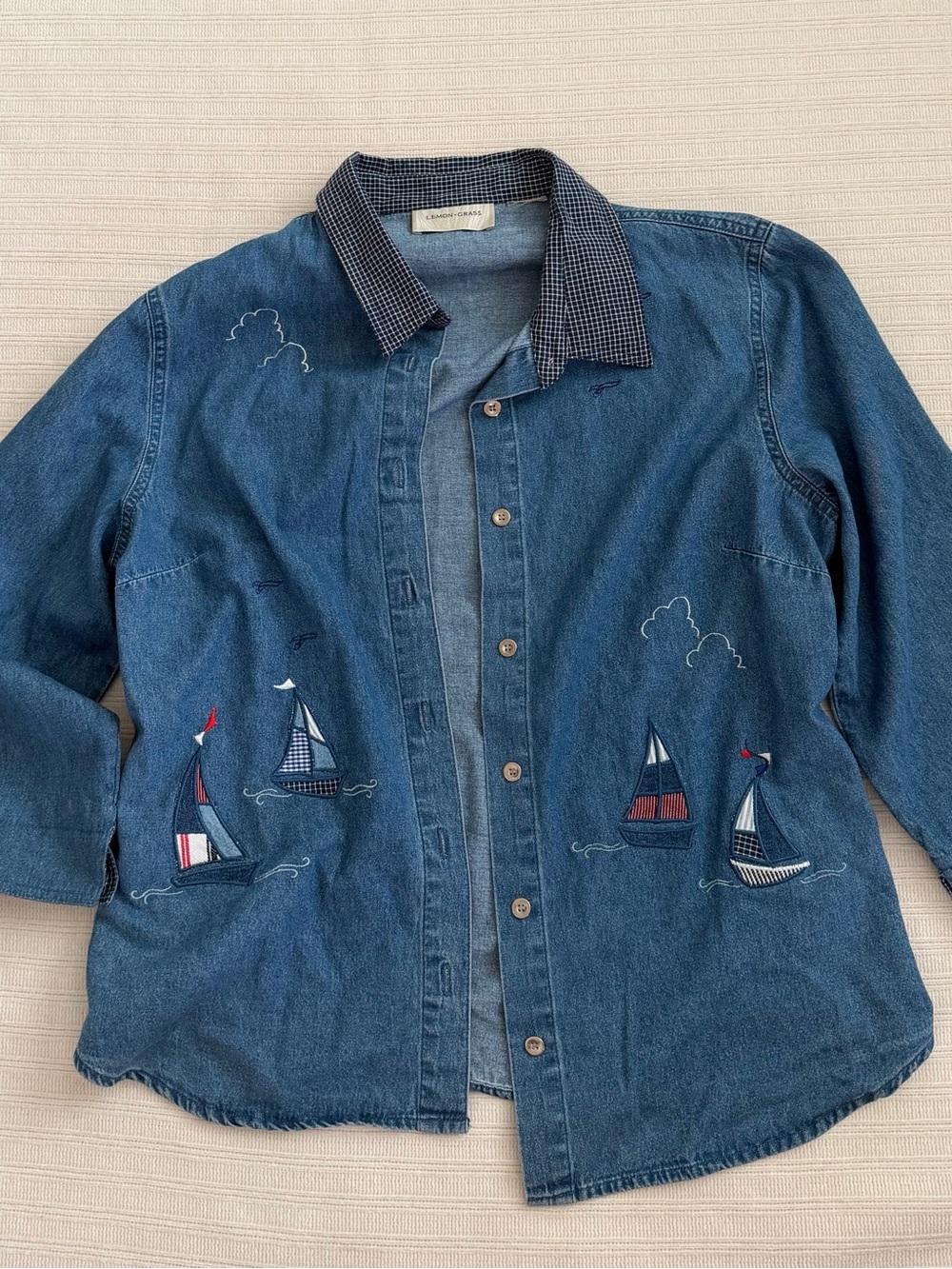 Lemon Grass Vintage Embroidered Denim Sailboat Button Down Shirt Approx Large